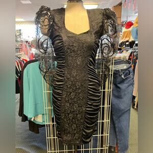 80s Mayvens of California Black Ruched Bodycon Dress Sheer Sequin Puff Sleeve 3
